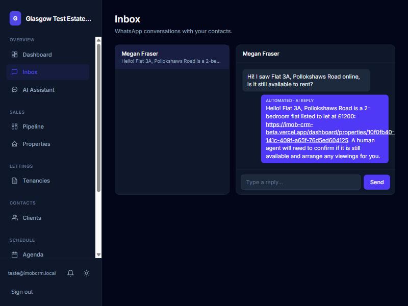 imob-crm Inbox showing a WhatsApp conversation with an automated AI reply