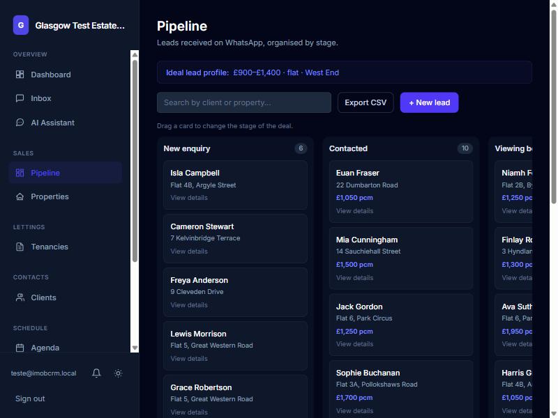 imob-crm Pipeline board showing leads received via WhatsApp, organised by stage