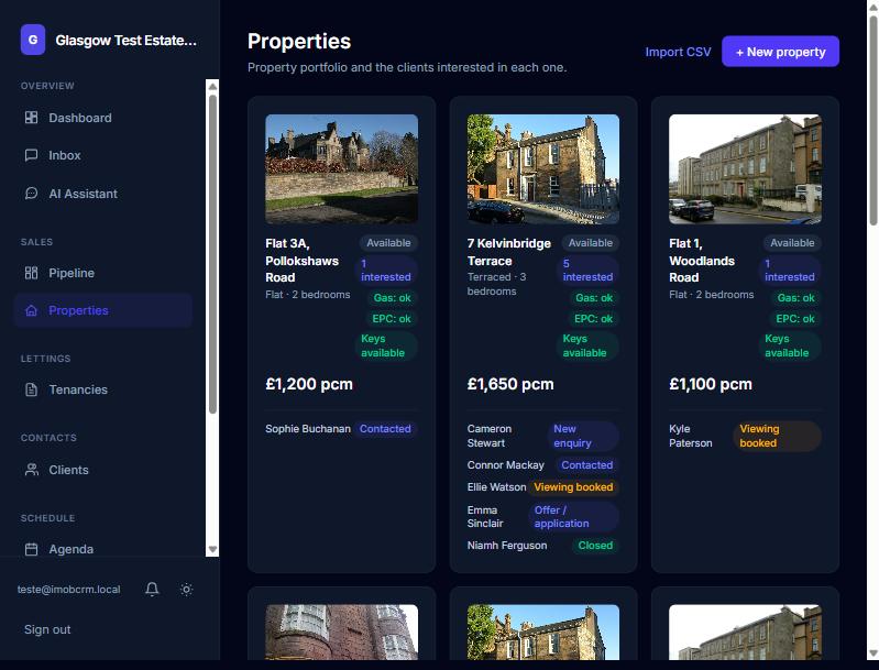 imob-crm Properties page showing Gas and EPC certificate status badges